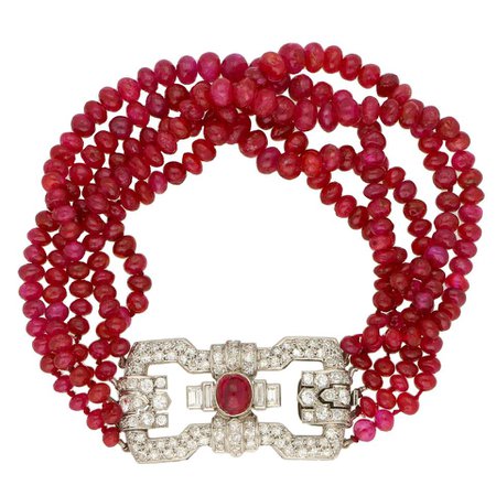 Art Deco Ruby and Diamond Beaded Bracelet with a Platinum Clasp For Sale at 1stDibs