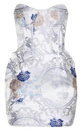 Pale Blue Jacquard Bandeau Binding Detail Structured Dress