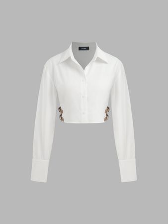Woven Collar Solid Double Buckle Crop Long Sleeve Shirt - Cider