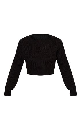 Black Honeycomb Knit Balloon Sleeve Crop Jumper | PrettyLittleThing