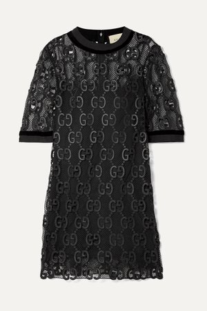 Black Velvet and grosgrain-trimmed macramé mini dress | Gucci | NET-A-PORTER