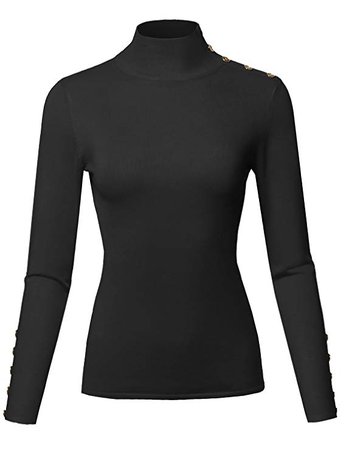 Awesome21 Casual Basic Gold Button Soft Long Sleeve Mock Neck Knit Sweater Black M at Amazon Women’s Clothing store: