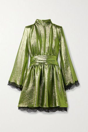 Light green Lace-trimmed silk-blend lamé turtleneck mini dress | Dundas | NET-A-PORTER