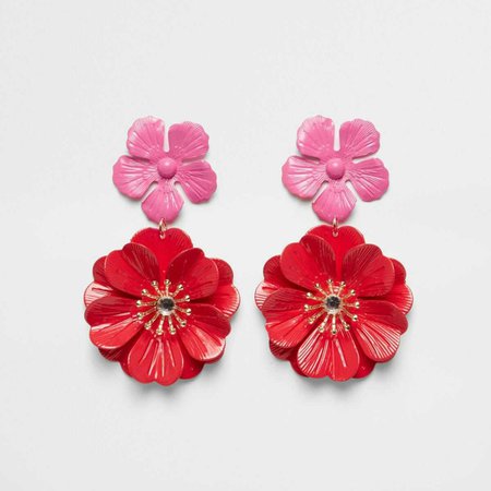 River Island Red double flower stud drop earrings