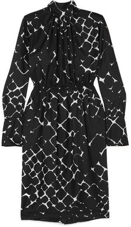 Printed Silk Turtleneck Midi Dress - Black