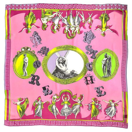 1990s Atelier Versace by Gianni Versace Amore Psiche Neon Silk Square Scarf New For Sale at 1stDibs