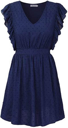 SOLERSUN Women's Casual Summer V Neck Ruffle Sleevesless Stretchy Swing Cocktail Party Mini Dress at Amazon Women’s Clothing store