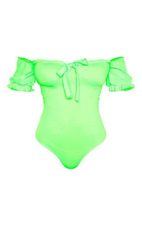 Tall Neon Lime Bardot Bow Frill Trim Bodysuit | PrettyLittleThing USA