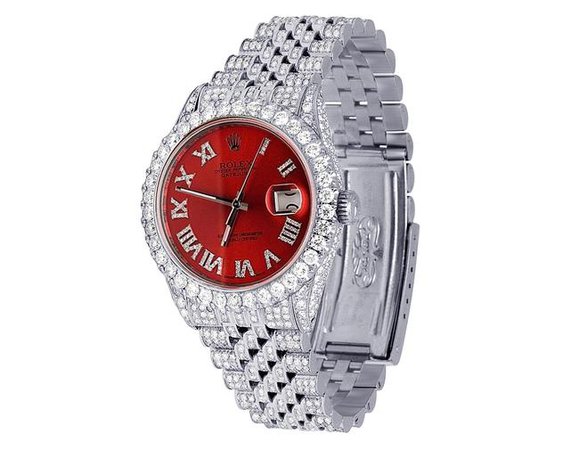 Rolex Stainless Steel Mens Ladies Atejust 36mm 16014 Iced Out Red Dial Diamond 15.0 Ct Watch - Tradesy