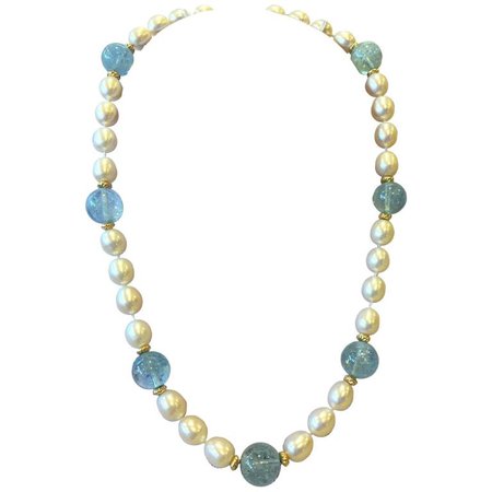 Freshwater Pearl Aquamarine Bead Necklace For Sale at 1stdibs