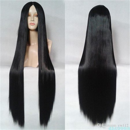 100CM Middle part Black long sleek straight hair wig