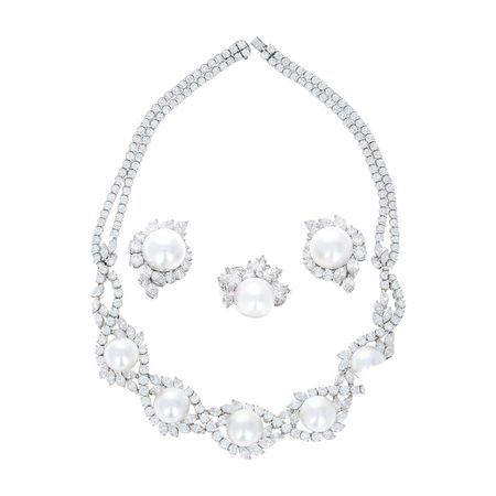 54.25 Carat Total Weight Diamond and Pearl Necklace, Earring and Ring Set at 1stDibs
