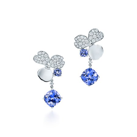 Tiffany Paper Flowers™ diamond and tanzanite flower drop earrings in platinum. | Tiffany & Co.