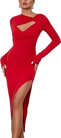 Amazon.com: OPOIPIN Women's Sexy Cut Out Twist Ruched Side Split Long Sleeve Midi Bodycon Dress : Clothing, Shoes & Jewelry