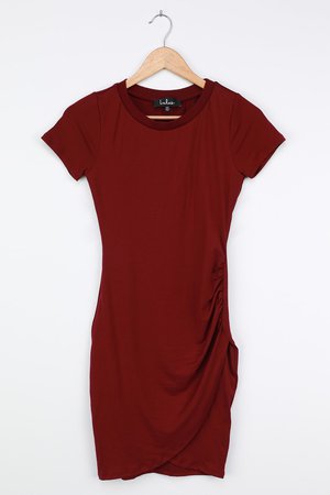 Burgundy Bodycon Dress - Short Sleeve Dress - Cute Mini Dress