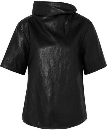 Cropped Tie-detailed Faux Leather T-shirt - Black