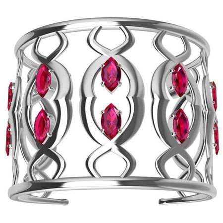 18 Karat White Gold Double Arabesque Cuff Bracelet with Rubies For Sale at 1stDibs