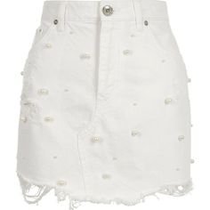 River Island White faux pearl embellished denim mini skirt