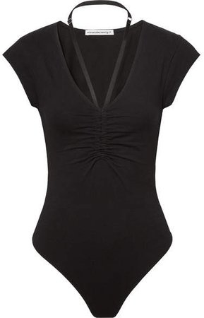 Strap-detailed Ruched Stretch-cotton Jersey Thong Bodysuit - Black