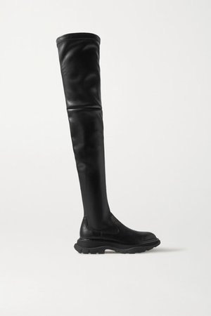 Leather Exaggerated-sole Over-the-knee Boots - Black