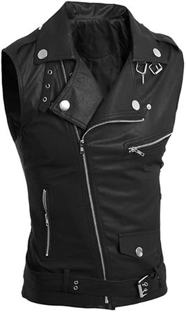 LifeHe Men's PU Leather Punk Zipper Sleeveless Vests Jacket (Black, L) at Amazon Men’s Clothing store