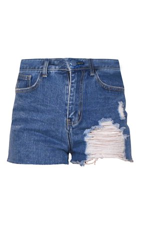 PLT Mid Blue Wash Distressed Denim Mom Shorts | PrettyLittleThing
