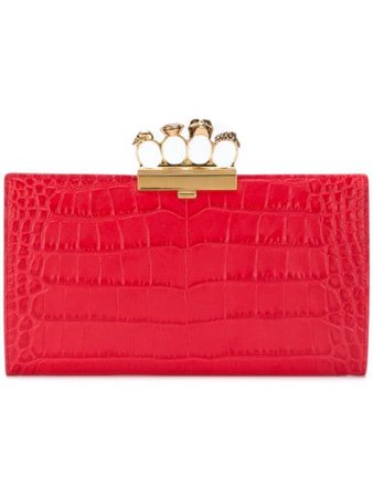 Alexander Mcqueen Jeweled Knuckle Four-Ring Croc Clutch Bag - Silvertone Hardware In Red | ModeSens