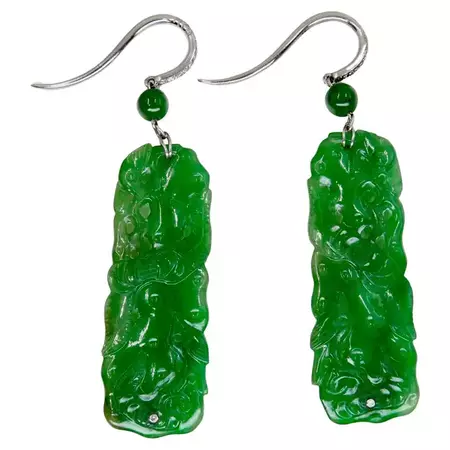 Vintage, Certified Natural Carved Jade and Diamond Earrings Intense Apple Green For Sale at 1stDibs | jade earring design, jade earrings design, natural jade earrings