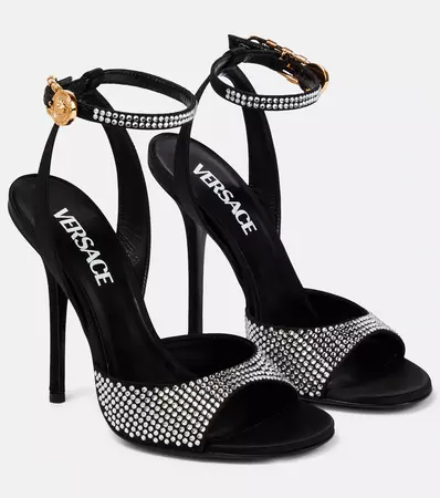 Crystal Embellished Satin Sandals in Black - Versace | Mytheresa