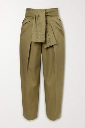 Tie-front Cotton-twill Tapered Pants - Army green