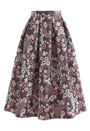 Blossom Cluster Embossed Pleated Midi Skirt in Red - Retro, Indie and Unique Fashion