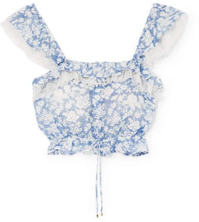 Mia Ruffled Floral-print Cotton And Silk-blend Voile Top - Blue
