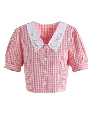 Gingham V-Neck Embroidered Cropped Top in Pink - NEW ARRIVALS - Retro, Indie and Unique Fashion