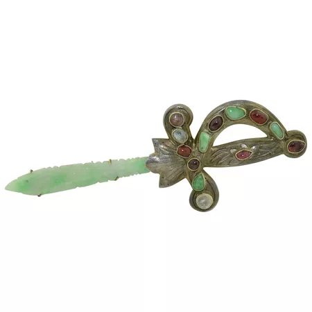 Chinese Silver Jade Ruby Sword Brooch