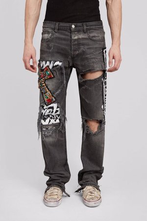 Embellished Cross Grey Ripped Skater Pants