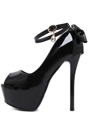 Women Black Faux Patent Rhinestone Peep Toe Platform Bow Stiletto High Heels