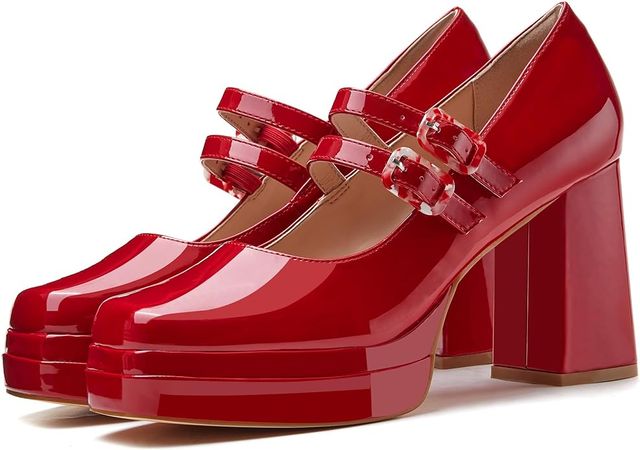 Amazon.com: Coutgo Women's Platform Mary Jane Pumps Two Strap Square Toe Chunky Block Heel Sandals Party Shoes, Red, Size 7 : Clothing, Shoes & Jewelry