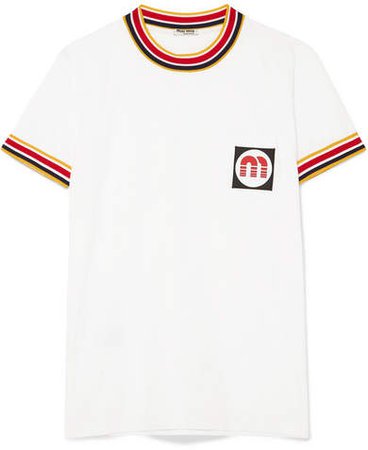 Appliquéd Striped Cotton-jersey T-shirt - White