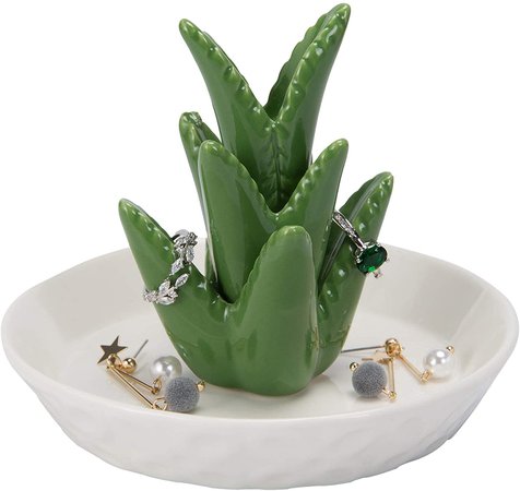 HOME SMILE Ceramic Aloe Ring Holder with Derorative White Dish Dish for Jewelry,Christmas Birthday Gifts: Home & Kitchen