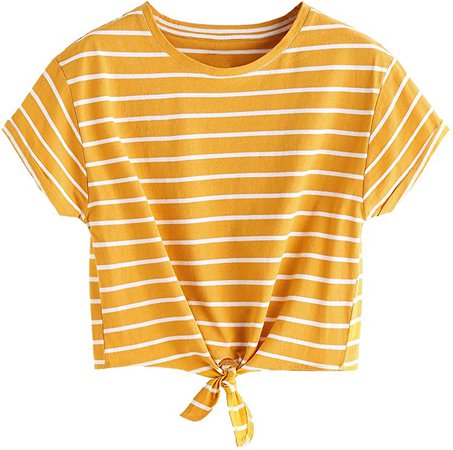 ROMWE Women's Knot Front Long Sleeve Striped Crop Top Tee T-shirt, Yellow & White, Large / US 8-10 at Amazon Women’s Clothing store