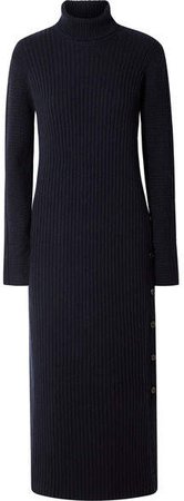 Ribbed Wool Turtleneck Maxi Dress - Navy
