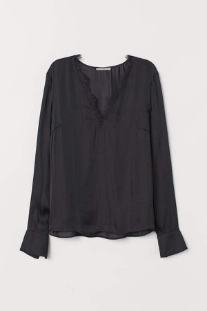 Satin Blouse with Lace - Black