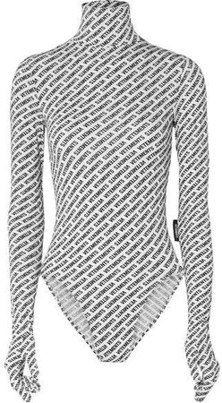 Printed Stretch-jersey Turtleneck Bodysuit - White