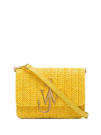 JW Anderson yellow logo-plaque woven-straw bag