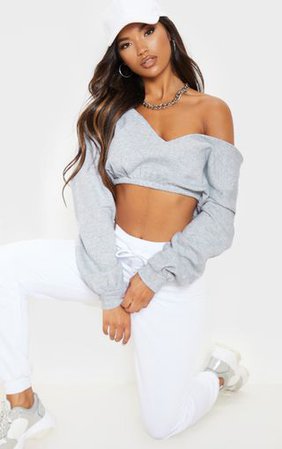 Grey Marl Crop Bardot Sweater | Tops | PrettyLittleThing