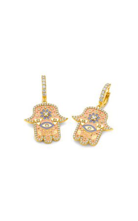 20k Yellow Gold Pink Enamel Hamsa Earrings By Buddha Mama | Moda Operandi
