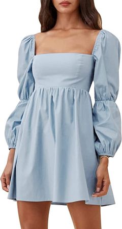Amazon.com: EXLURA Womens Square Neck Dress Long Puff Sleeve A-Line Casual Short Mini Dress Sky Blue : Clothing, Shoes & Jewelry