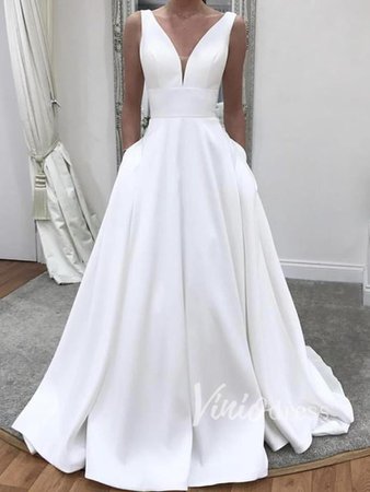 V Neck Simple Wedding Dresses with Pockets VW1180 – Viniodress