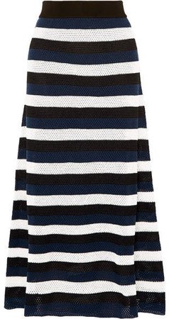 Striped Open-knit Wool-blend Midi Skirt - Blue