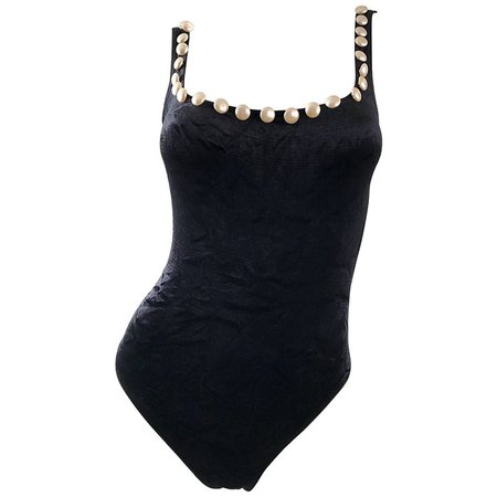 Vintage Moschino 1990s Black and White Velour Pearl Encrusted Bodysuit Swimsuit For Sale at 1stdibs